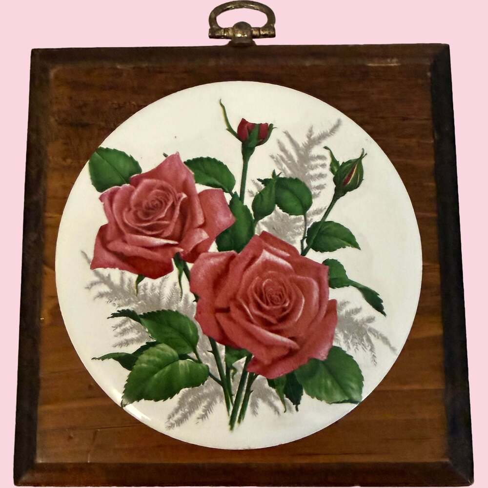 Vintage Wall-Mounted Ceramic Rose Plaque on Wood Backing